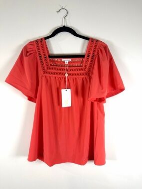 Square-Neck Crochet Detail Blouse in Coral